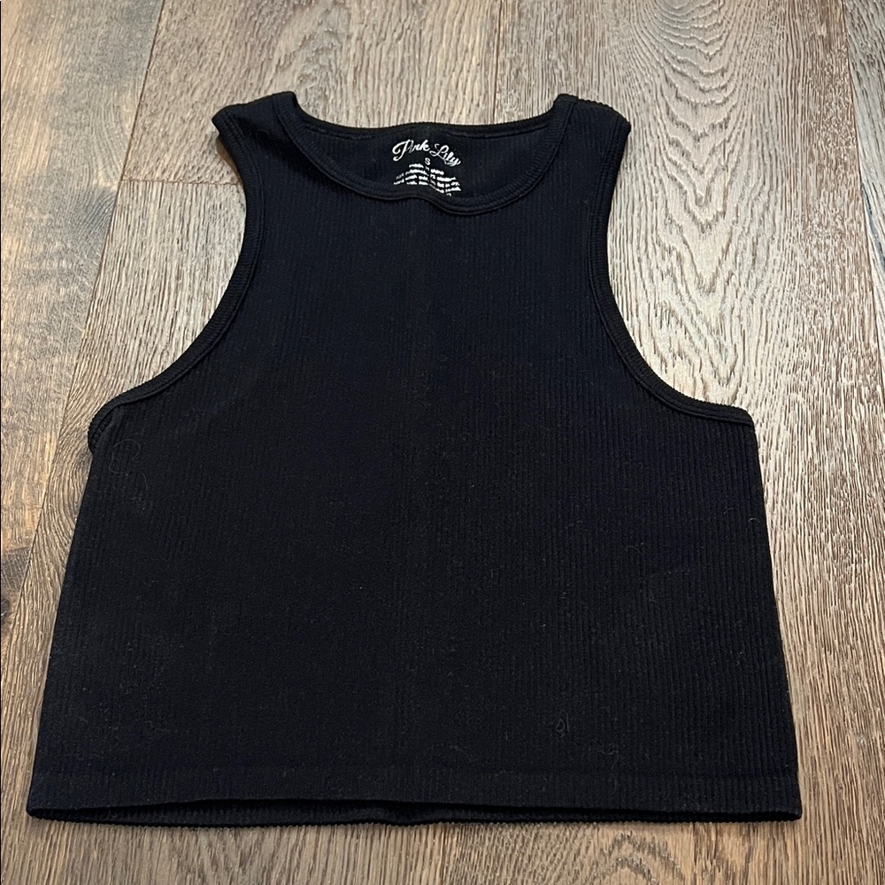 Pink Lily Black Ribbed Seamless Crew Neck Tank Top New